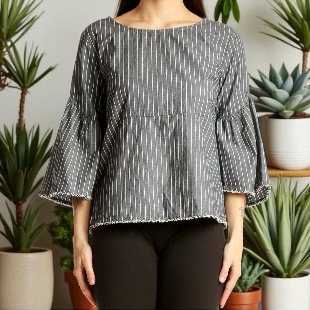 Dolan by Anthropologie Gray Striped Bell Sleeve Top Coastal Boho Peasant Size S